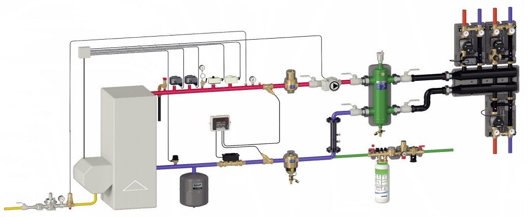 Schema di impianto centrale termica con componenti utili da predisporre anche su spazi ridotti con soluzioni compatte