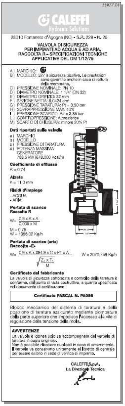 esempio di certificazione delle valvole di sicurezza Caleffi