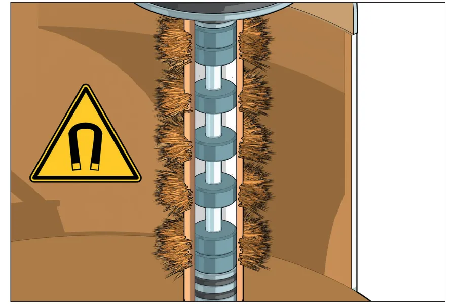 Separação de impurezas ferrosas O Caleffi XL está dotado de elementos magnéticos de elevado desempenho que permitem uma maior eficácia na separação e recolha de impurezas ferrosas. Estas são retidas pelo forte campo magnético gerado na parte superior dos elementos filtrantes.