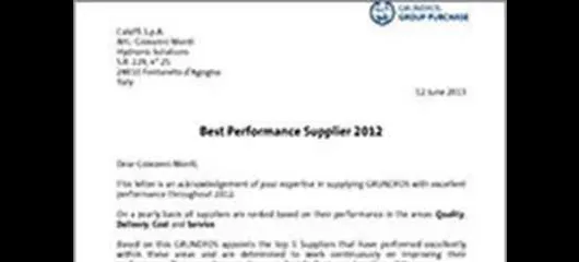 Grundfos acknowledges Caleffi quality among the 2012 top 5 suppliers